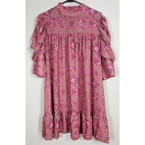 BooHoo Pink Floral Dress Size 12 with Poof Sleeves and Ruffled Hem New / Tag